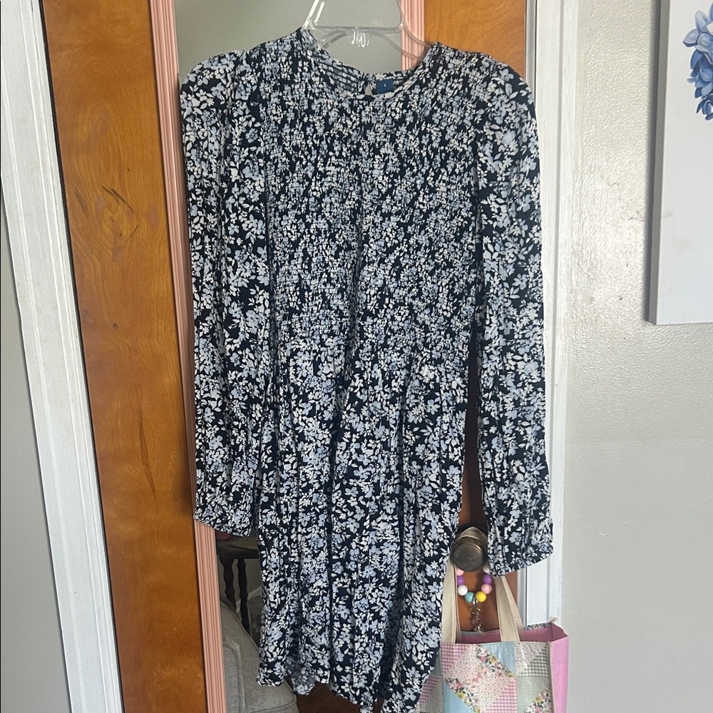 Blue and White Floral Long Sleeve Dress